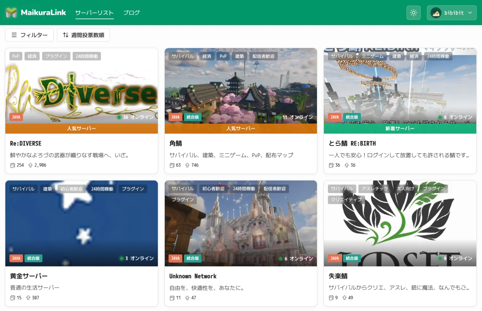 投票数順にソートしたサーバー一覧
